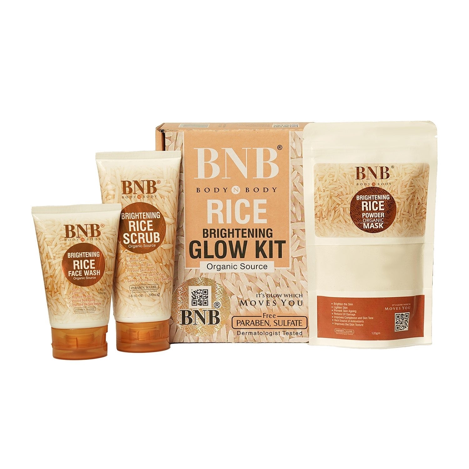 BNB Rice Extract Bright & Glow Kit ( Rice Face Wash + Rice Scrub + Rice Mask ) - ImportedWares